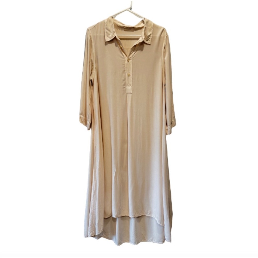 CP Shades Rayon Shirt Dress Hi-Low Hem Button Down Long Sleeve Beige Size S